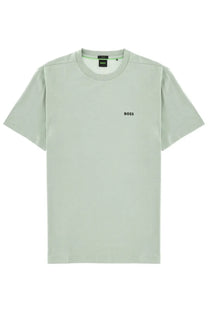 BOSS men’s green minimalist light t-shirt with subtle black logo on chest and matching brand tag at collar