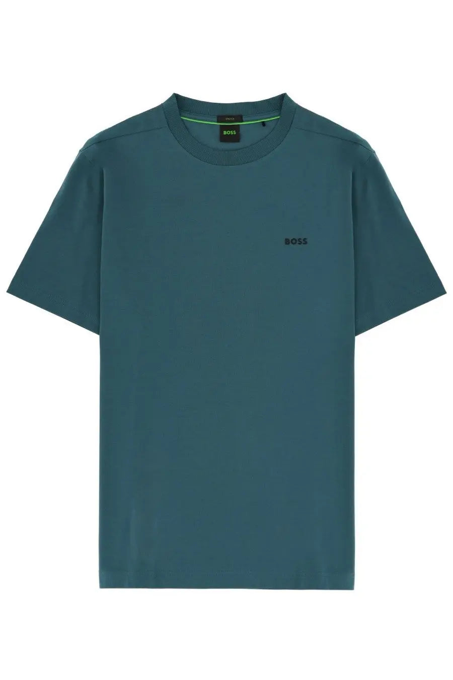 Teal short-sleeved boss men’s shirt with subtle black logo on chest and matching brand tag at collar in green color