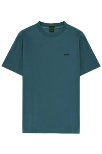 Teal short-sleeved boss men’s shirt with subtle black logo on chest and matching brand tag at collar in green color
