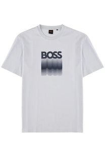 White boss men’s t-shirt with bold gradient boss logo in dark gray and black tones in grey fabric