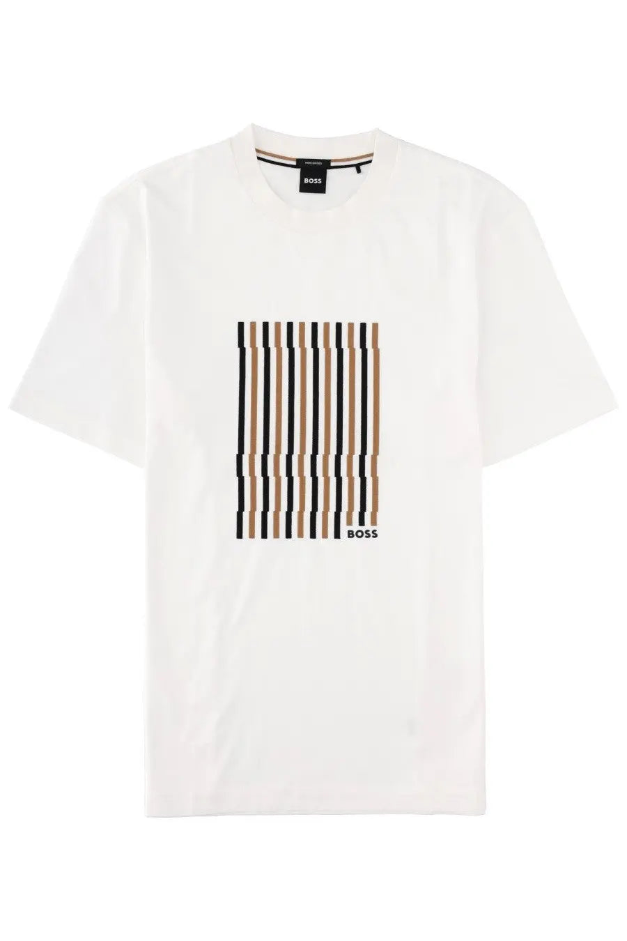BOSS men’s white cotton t-shirt with bold black and beige vertical stripes and black boss logo at bottom right