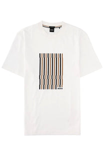 BOSS men’s white cotton t-shirt with bold black and beige vertical stripes and black boss logo at bottom right