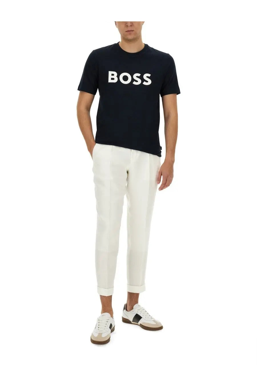 Black boss logo t-shirt with bold white lettering across the chest in tiburt blue for men