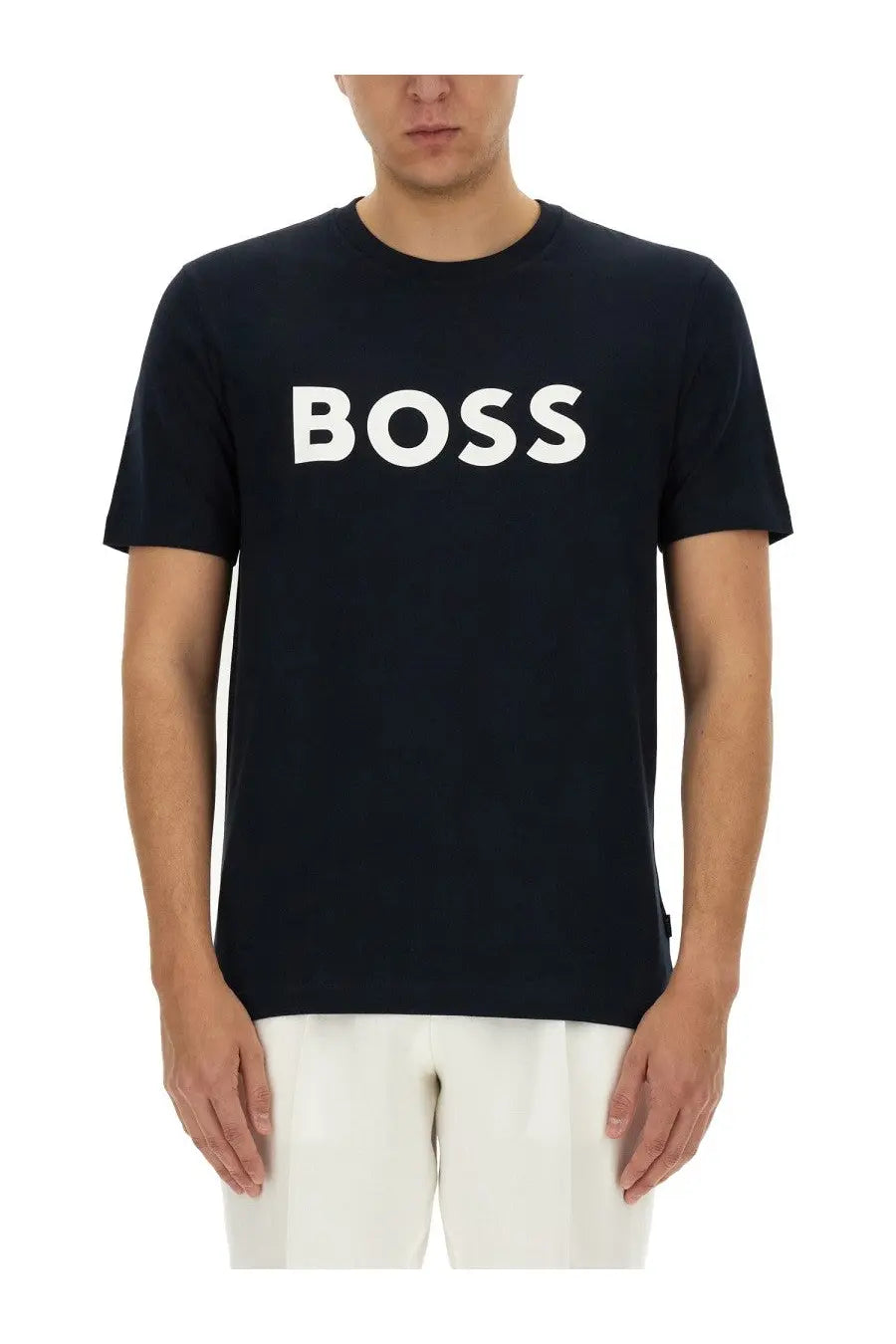 Black boss t-shirt with bold white lettering across the chest in tiburt blue men’s shirt design