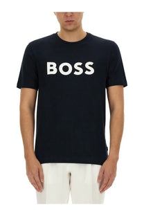 Black boss t-shirt with bold white lettering across the chest in tiburt blue men’s shirt design