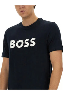 Black boss t-shirt with bold white boss lettering across the chest part of boss men’s shirt tiburt blue collection