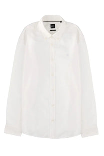 Boss men’s white button-down shirt with subtle chest embroidery ideal for formal and business wear