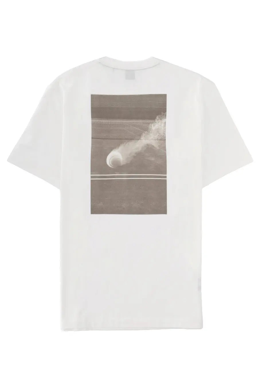 BOSS men’s white cotton t-shirt with a muted sepia tennis ball graphic in motion on a court