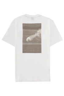 BOSS men’s white cotton t-shirt with a muted sepia tennis ball graphic in motion on a court