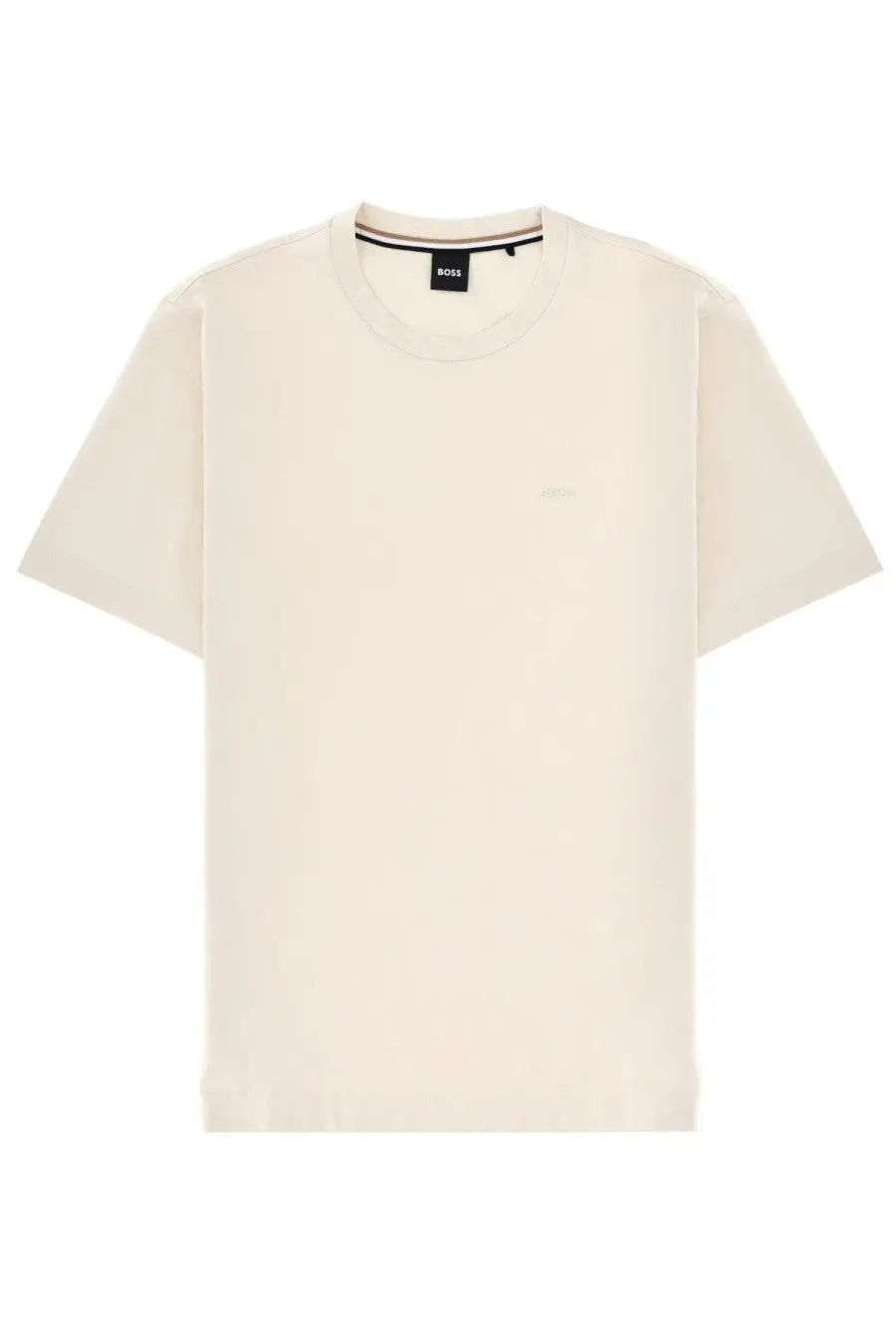 BOSS men’s cream-colored minimalist short-sleeved t-shirt with subtle embroidered logo and branded neckline tag