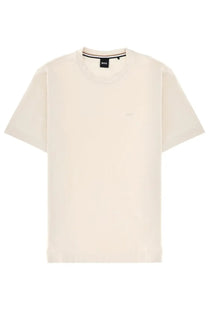 BOSS men’s cream-colored minimalist short-sleeved t-shirt with subtle embroidered logo and branded neckline tag