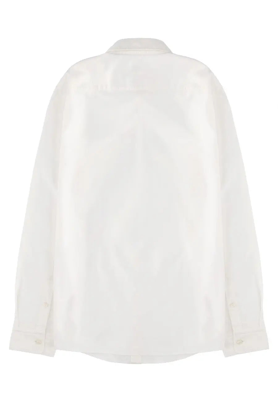 A crisp white BOSS men’s shirt with a classic collar and long sleeves made from smooth slightly glossy fabric