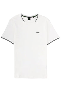 BOSS men’s white t-shirt with black trim on collar and sleeve cuffs for casual and stylish wear