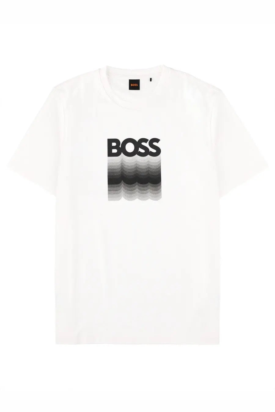 White boss men’s t-shirt featuring a bold black boss logo with a gradient wave design on the front