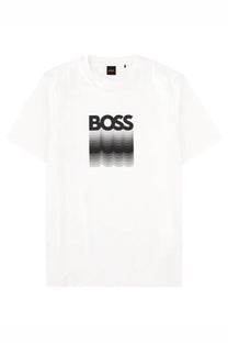 White boss men’s t-shirt featuring a bold black boss logo with a gradient wave design on the front
