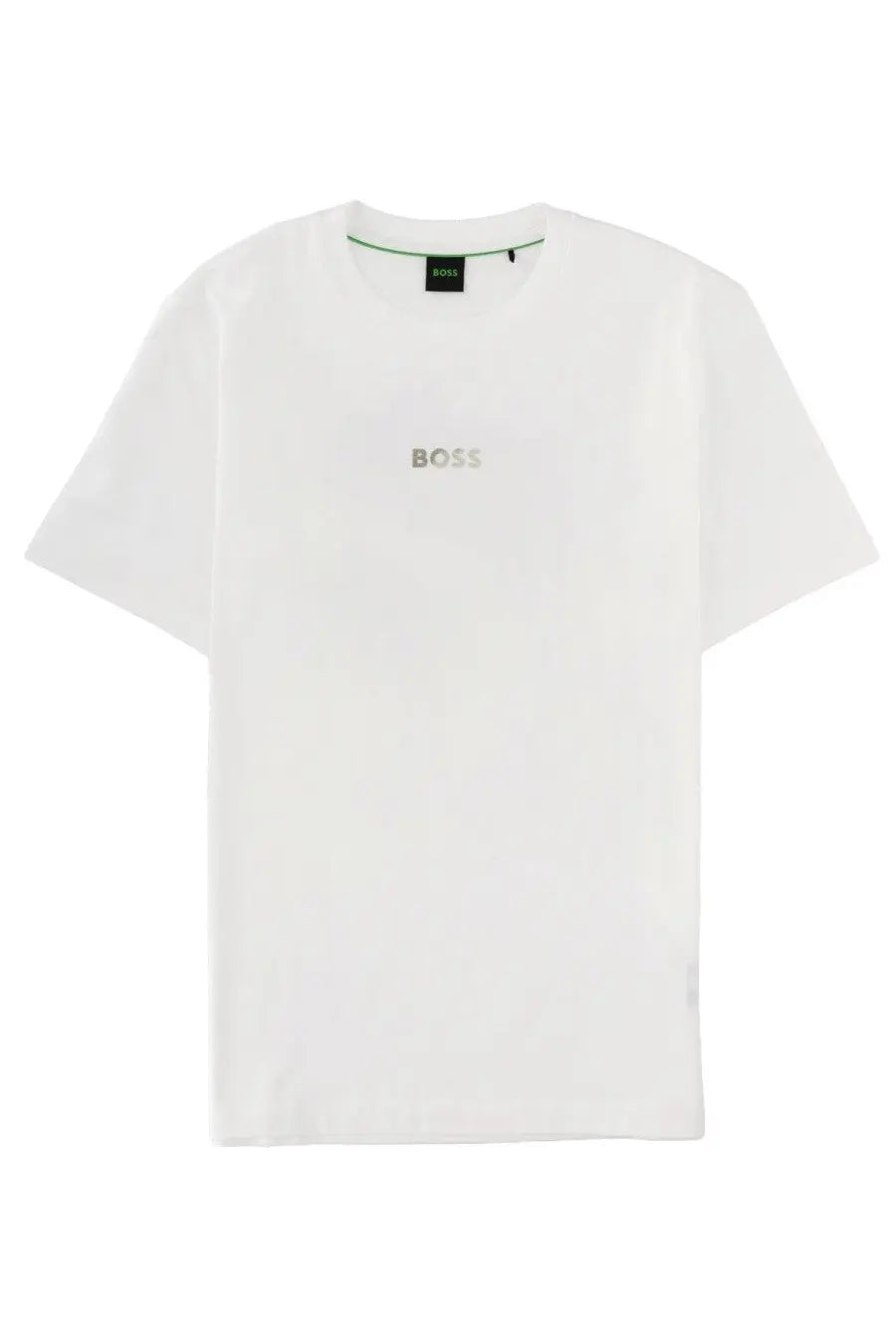 BOSS men’s white t-shirt with subtle silver logo and green trim at the neckline in cotton material
