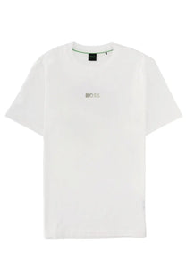 BOSS men’s white t-shirt with subtle silver logo and green trim at the neckline in cotton material
