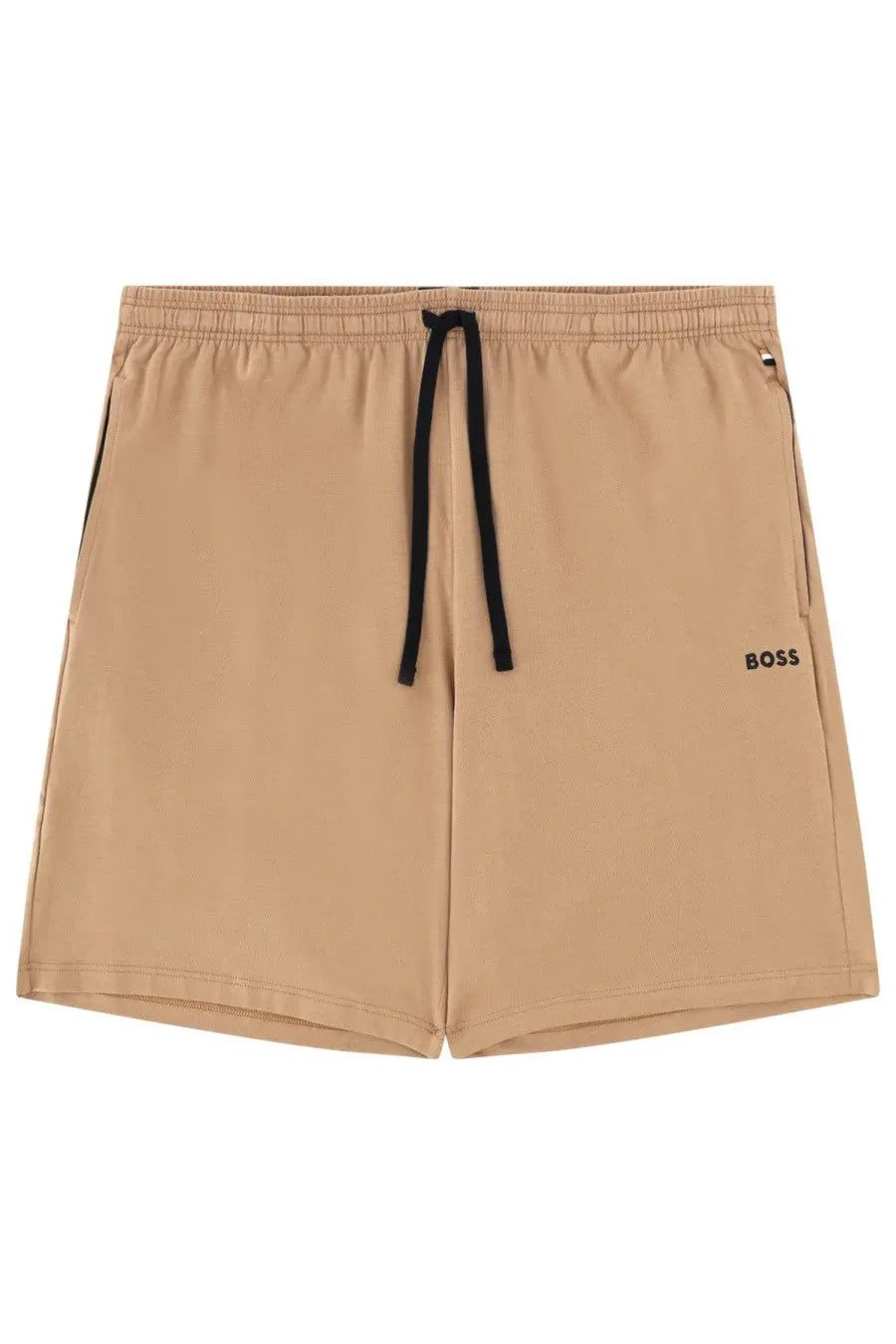 Beige BOSS men’s shorts with black drawstring and subtle logo on the side made from lightweight fabric