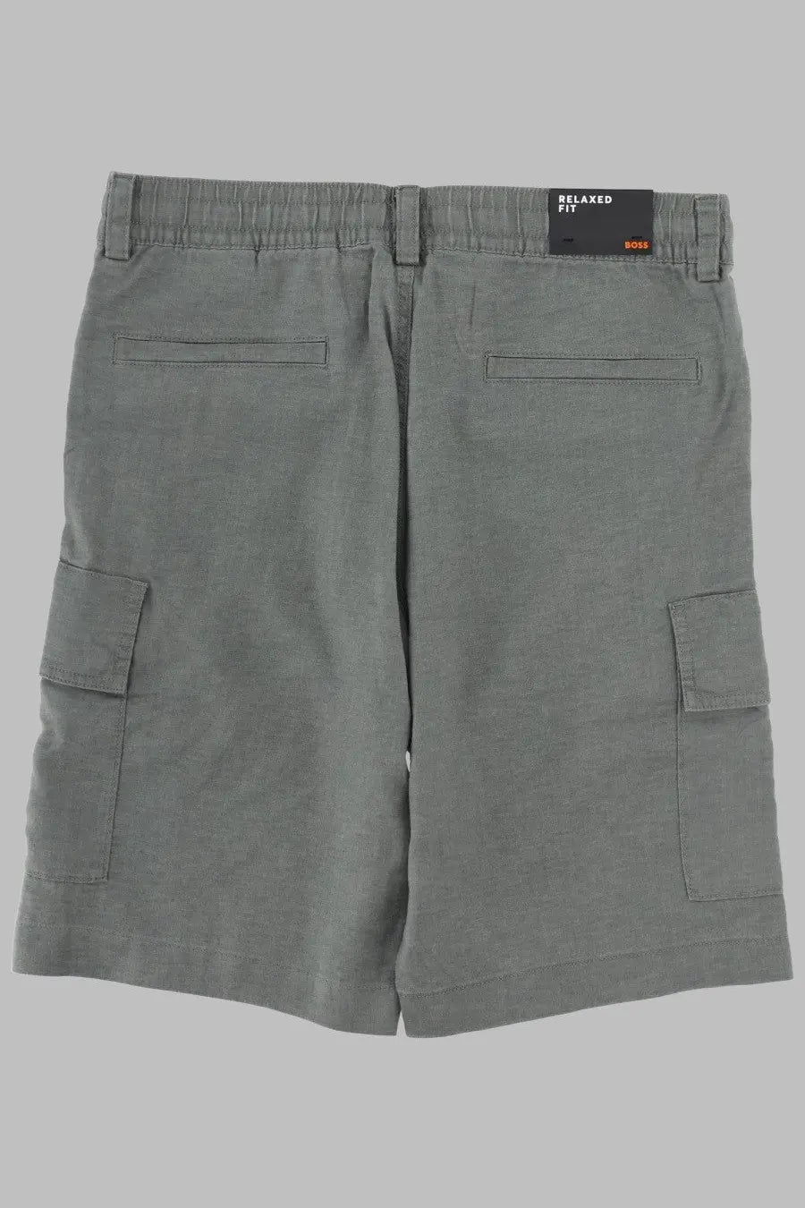 BOSS men’s gray cargo shorts with elastic waistband side pockets and relaxed fit label by Hugo
