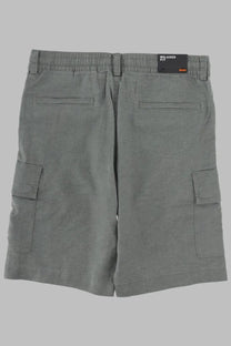 BOSS men’s gray cargo shorts with elastic waistband side pockets and relaxed fit label by Hugo