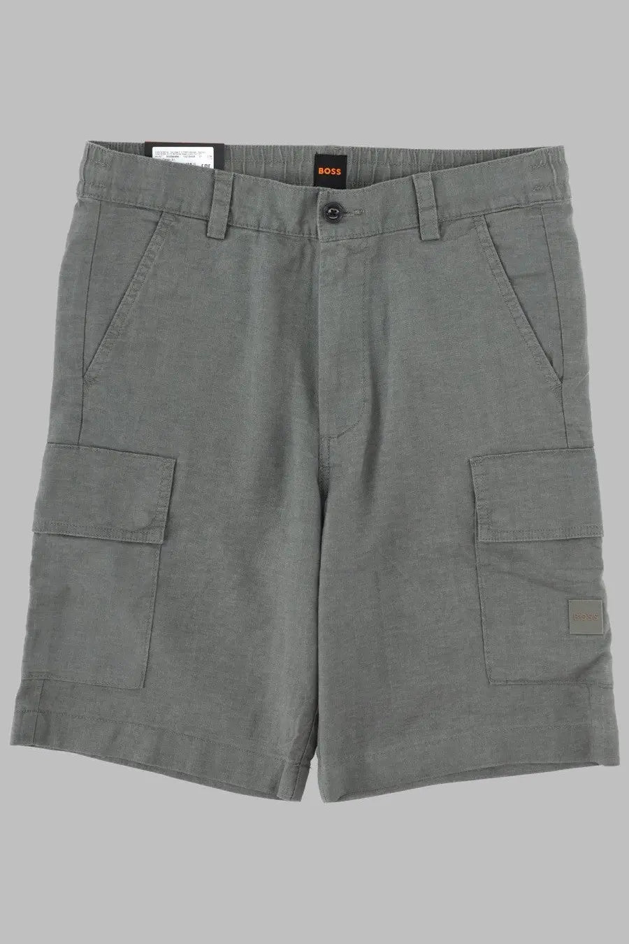 Boss men’s cargo shorts in grey with relaxed fit, large side pockets, and branded waistband label