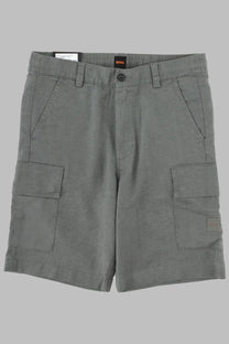Boss men’s cargo shorts in grey with relaxed fit, large side pockets, and branded waistband label