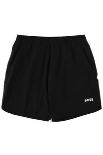 BOSS men’s black athletic shorts with subtle elastic waistband and white embroidered logo on lower right leg