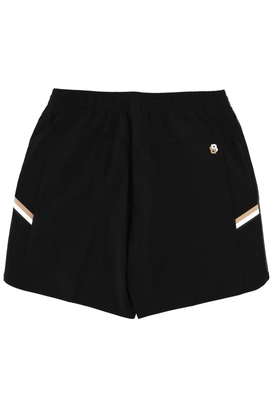 Boss men’s black athletic shorts with white and beige diagonal side stripes and metallic logo patch near waistband