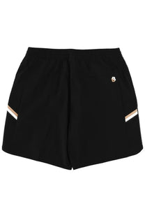 Boss men’s black athletic shorts with white and beige diagonal side stripes and metallic logo patch near waistband