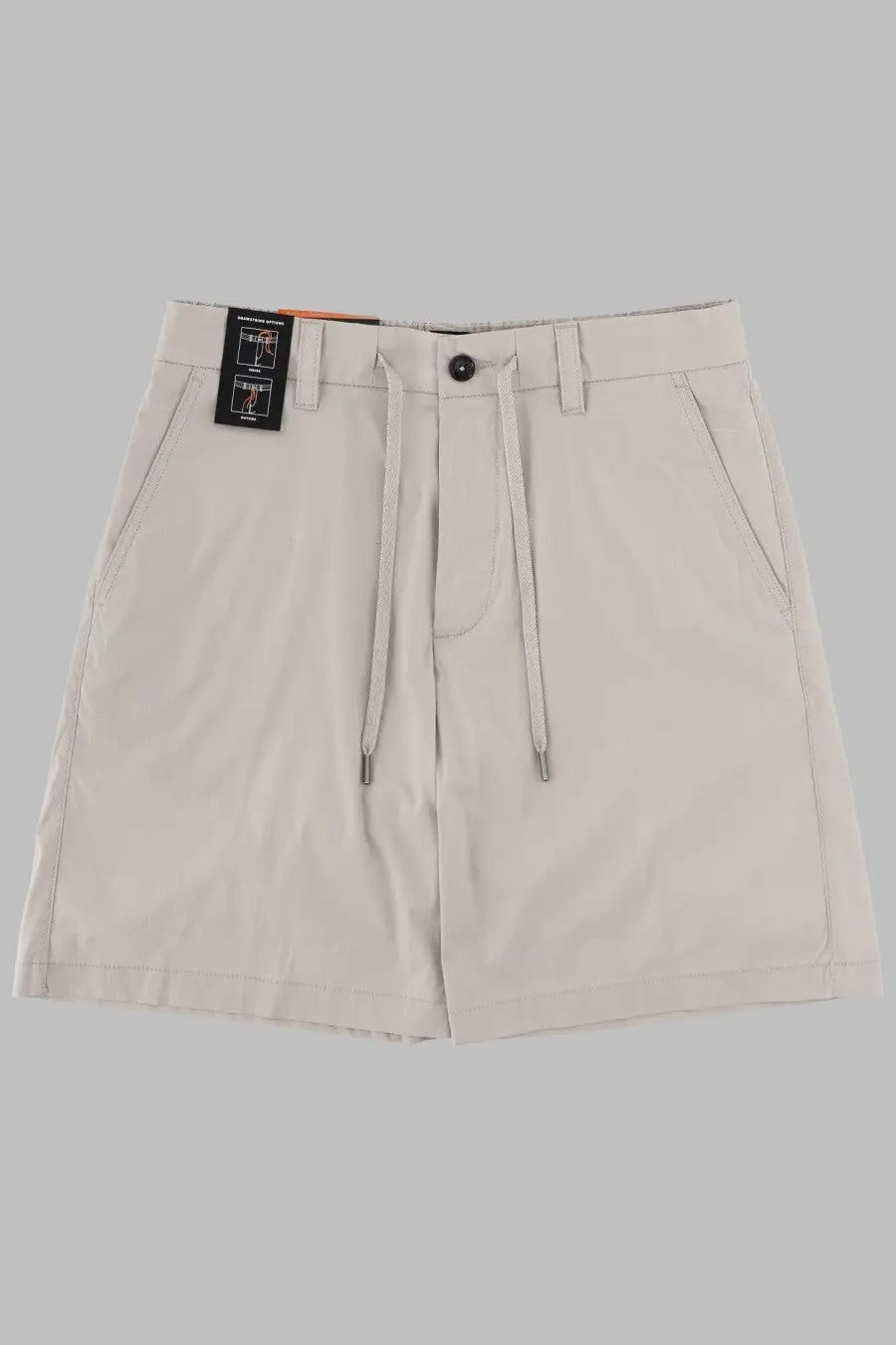 Boss men’s beige drawstring shorts with button closure and front pockets for casual wear