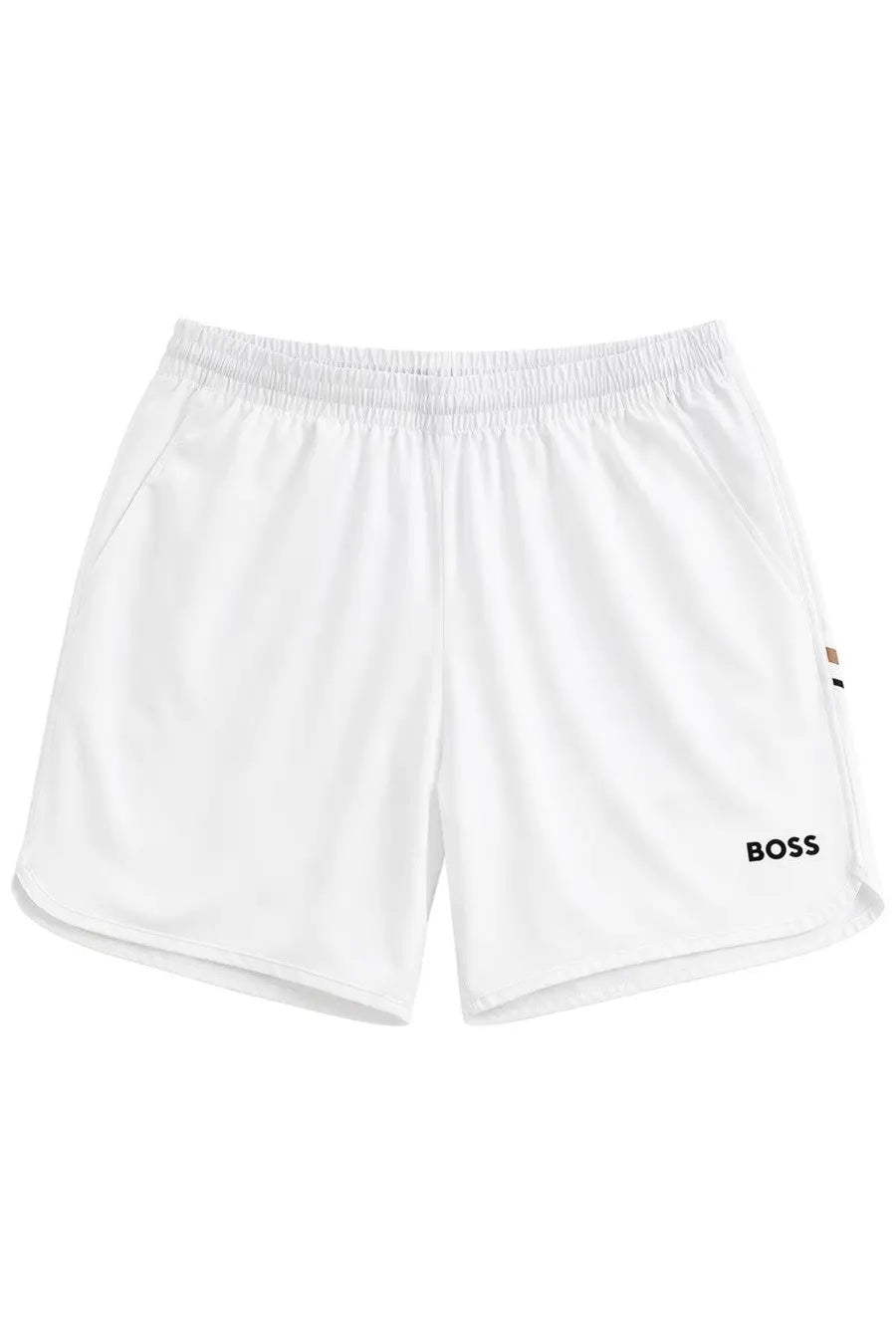 BOSS men’s white athletic shorts with black boss logo on lower right leg and elastic waistband for comfort