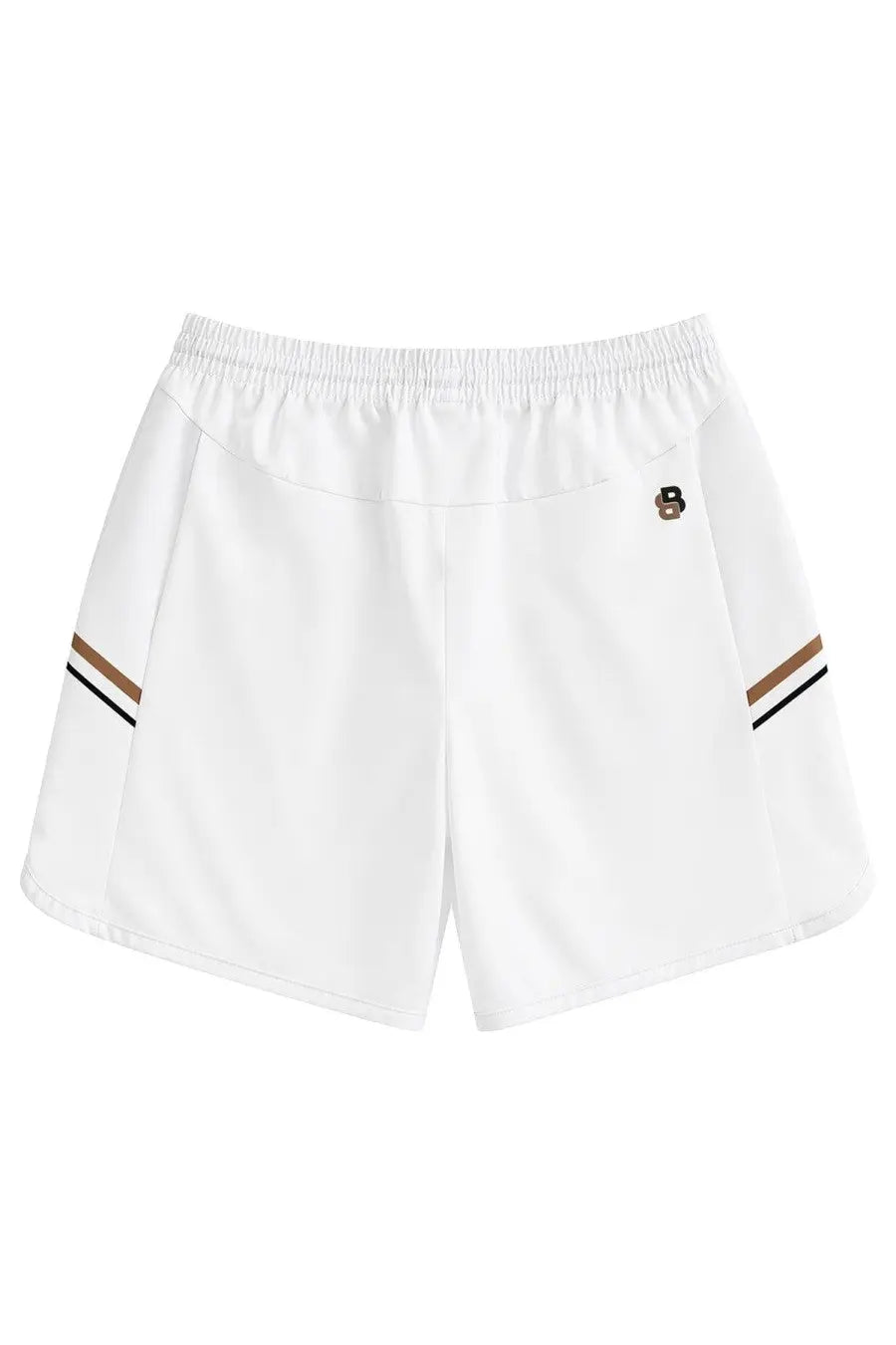BOSS men’s white athletic shorts with elastic waistband brown and black striped side accents and small logo near hip