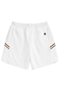 BOSS men’s white athletic shorts with elastic waistband brown and black striped side accents and small logo near hip