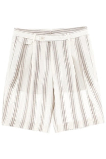 BOSS men’s shorts in lino white feature white and gray vertical stripes with pleats and a matching belt