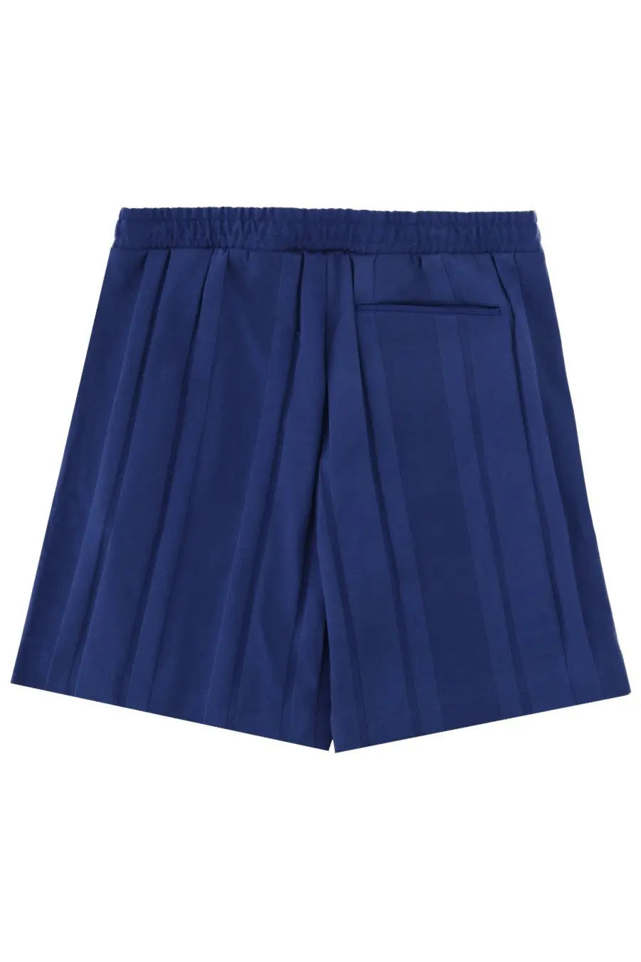 Navy blue BOSS men’s shorts with pleats elastic waistband and single back pocket shown from the back side