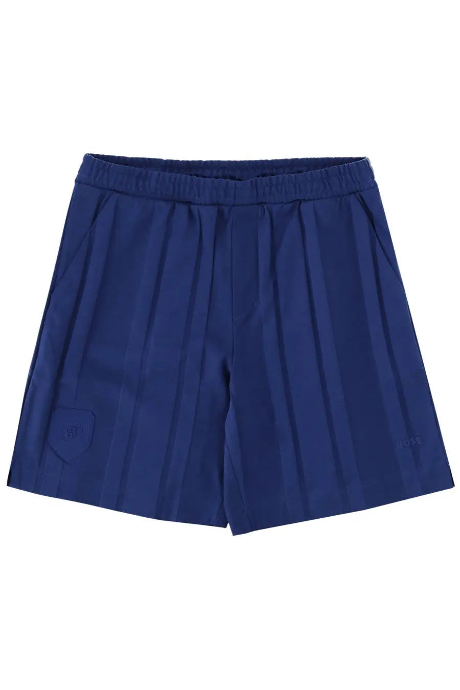 BOSS men’s navy blue pleated shorts with elastic waistband and subtle brand logo patches for casual wear