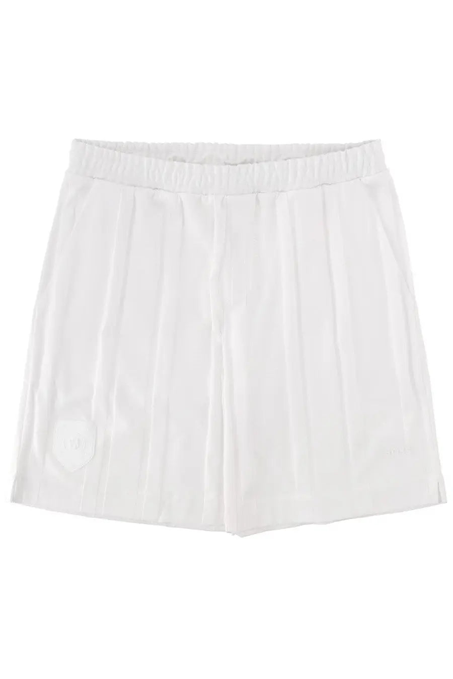 Boss men’s shorts lux huxley white pleated shorts with elastic waistband and subtle circular patch on left leg