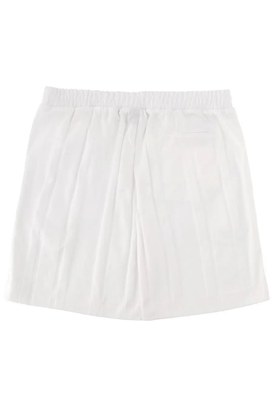 Back view of boss men’s shorts lux huxley white showing white pleated fabric with elastic waistband and small pocket