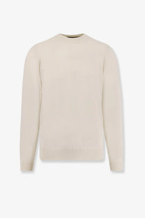 Cream-colored BOSS men’s crewneck sweater made of silk and cashmere with ribbed cuffs and hem