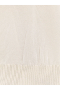 Cream-colored ribbed hem detail on boss men’s white silk and cashmere sweater showcasing knit fabric texture