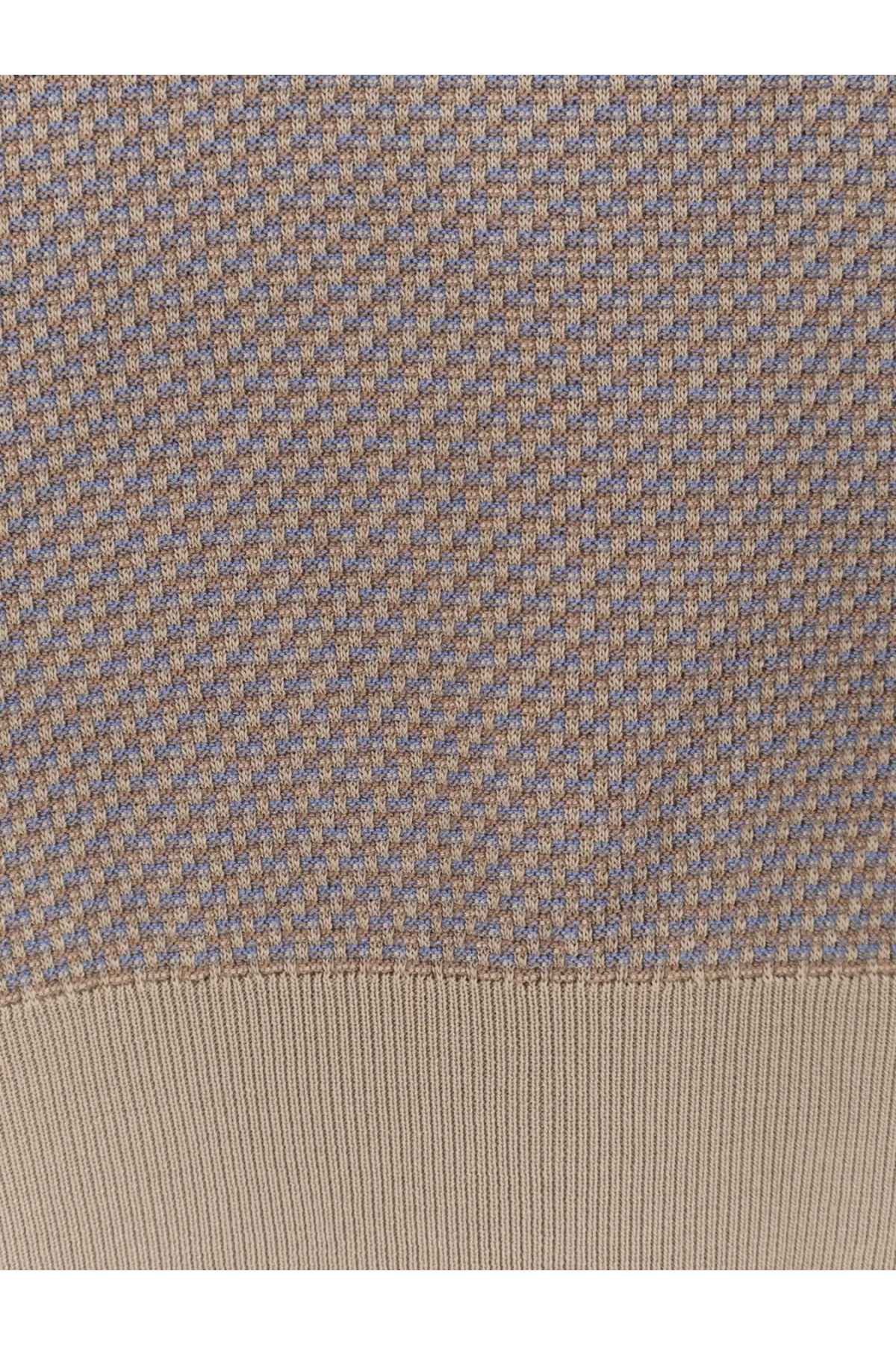Boss men’s beige and blue houndstooth knit sweater with silk and cotton blend and ribbed hem in white background