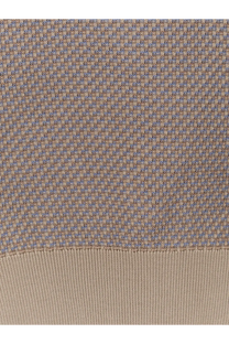 Boss men’s beige and blue houndstooth knit sweater with silk and cotton blend and ribbed hem in white background