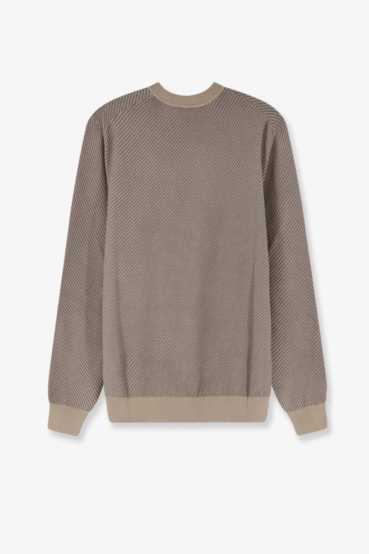 Boss men’s silk and cotton blend sweater in white with beige textured knit and ribbed cuffs and hem
