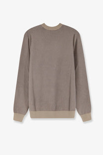 Boss men’s silk and cotton blend sweater in white with beige textured knit and ribbed cuffs and hem
