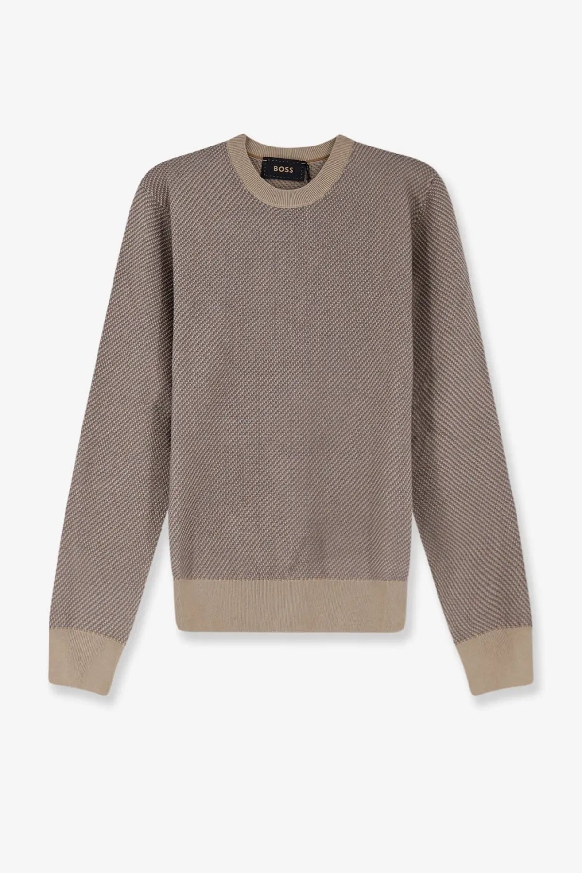 Boss men’s white silk and cotton blend sweater with beige textured knit and subtle herringbone pattern