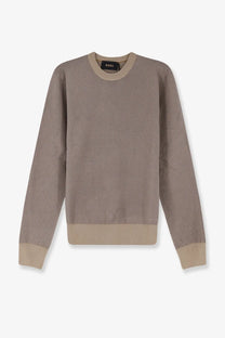 Boss men’s white silk and cotton blend sweater with beige textured knit and subtle herringbone pattern