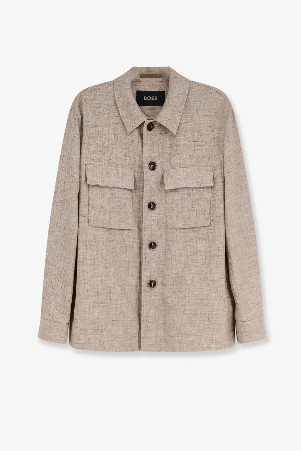 BOSS men’s beige silk and linen jacket with textured fabric two front pockets dark brown buttons and classic collar