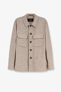 Boss men’s silk and linen beige jacket featuring textured linen shirt design with front pockets and dark brown buttons