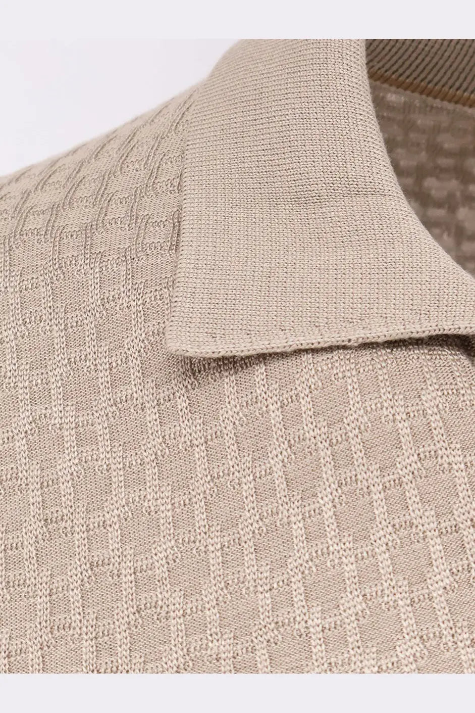 Beige knitted polo shirt by boss featuring a textured interlocking diamond pattern and ribbed collar in silk blend