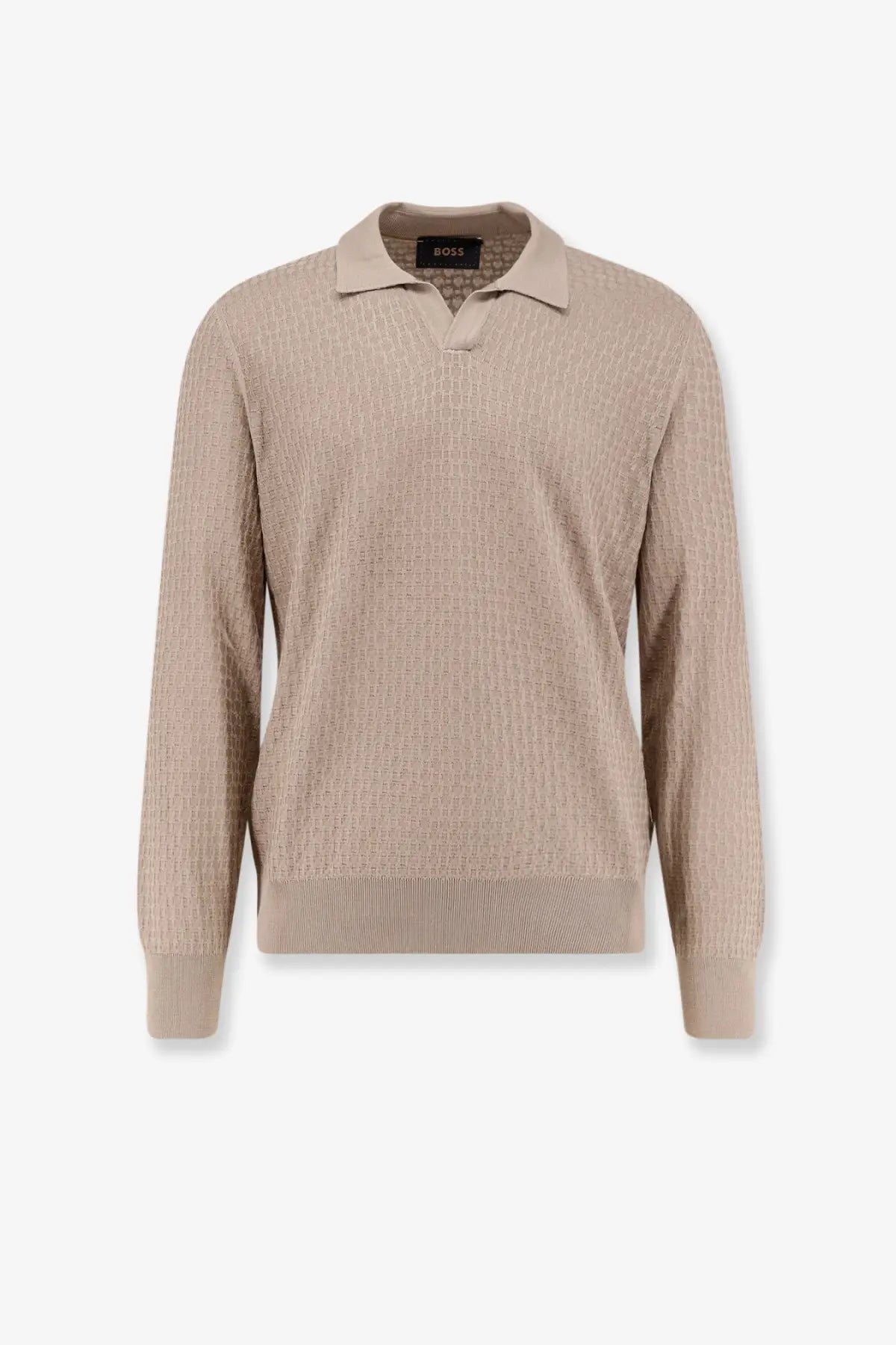 BOSS men’s beige silk polo sweater with textured knit, ribbed cuffs and hem, featuring a subtle fabric pattern